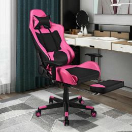 PU Leather Gaming Chair with USB Massage Lumbar Pillow and Footrest (Color: Pink)