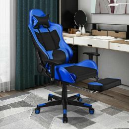 PU Leather Gaming Chair with USB Massage Lumbar Pillow and Footrest (Color: Blue)